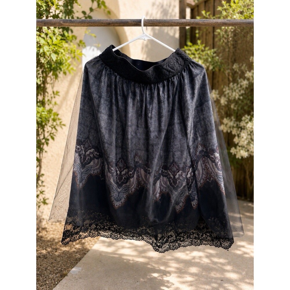 Isle by Melis Kozan Women’s Midi Skirt Small Plaid Paisley Mesh Overlay Fairy